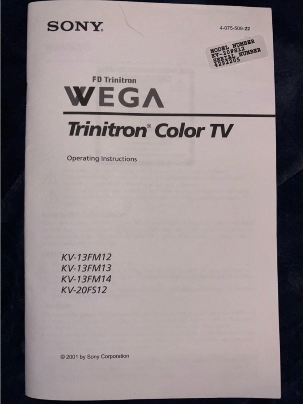 Sony WEGA Trinitron Color TV Manual - White and Black Cover